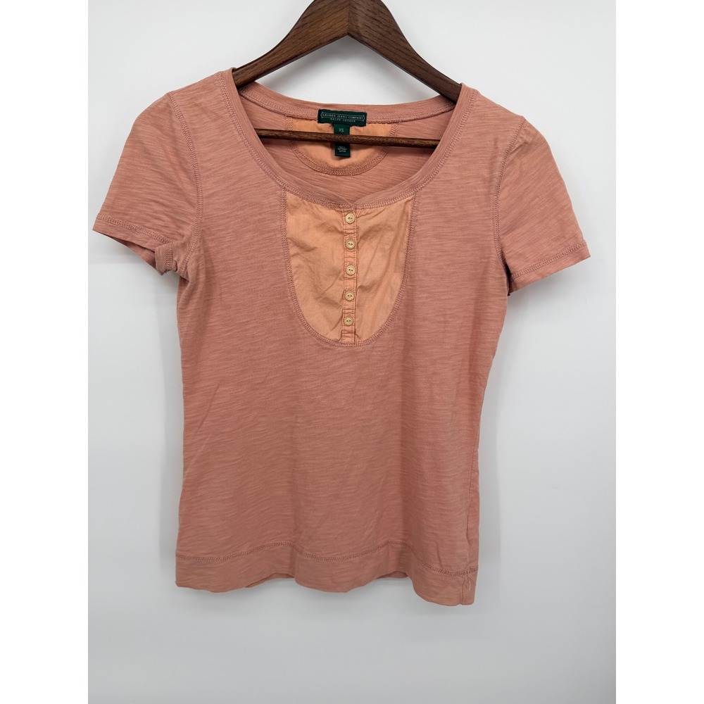 Lauren Ralph Lauren T-Shirt Womens XS Pink Good Slub Knit Button Bib Tee